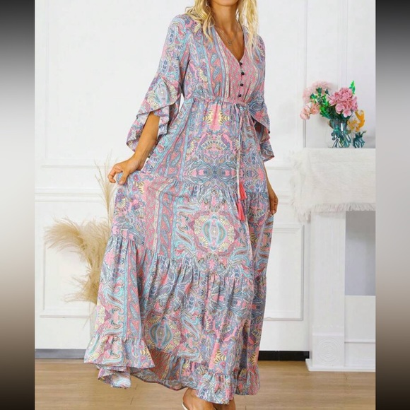 Boho Floral Print Paisley Flare Sleeve Ruffle Hem Maxi Dress - Picture 11 of 11